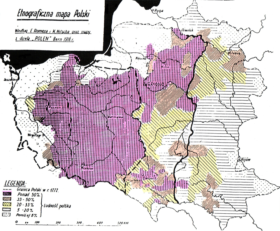 Map showing Polish majority areas in the east in 1918